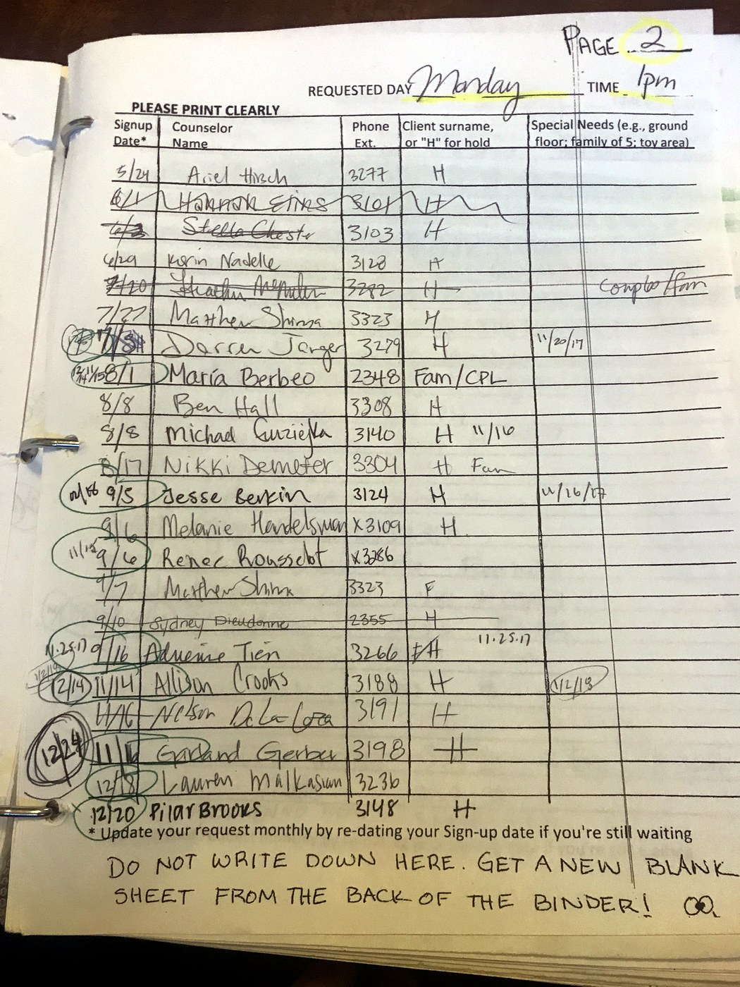 A handwritten SCCC counselor sign-in sheet.