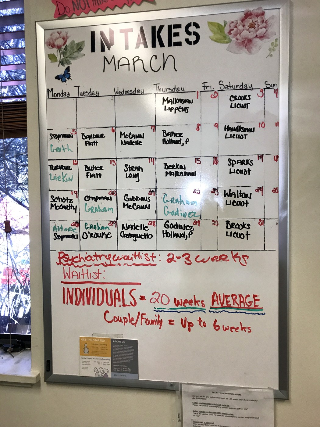 A March intake schedule board at SCCC.